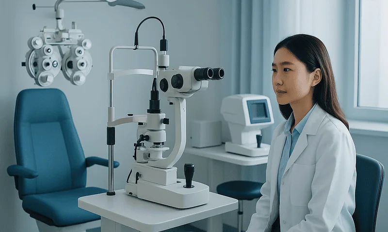 Ophthalmologist using slit lamp in a modern eye clinic.