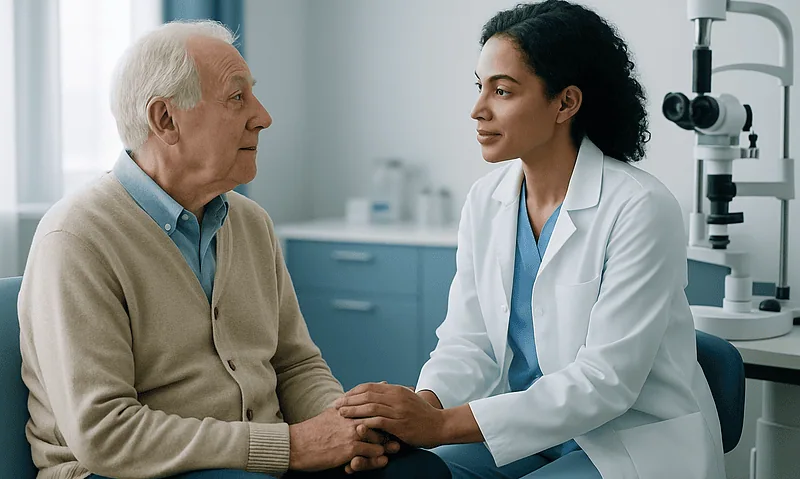 Doctor consulting with elderly patient in a medical office.
