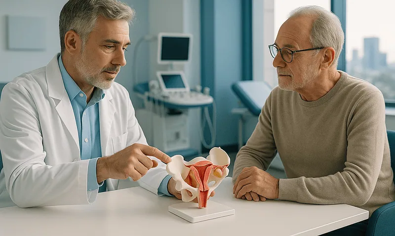 Urologist explaining female pelvic anatomy to an elderly patient in a medical consultation.