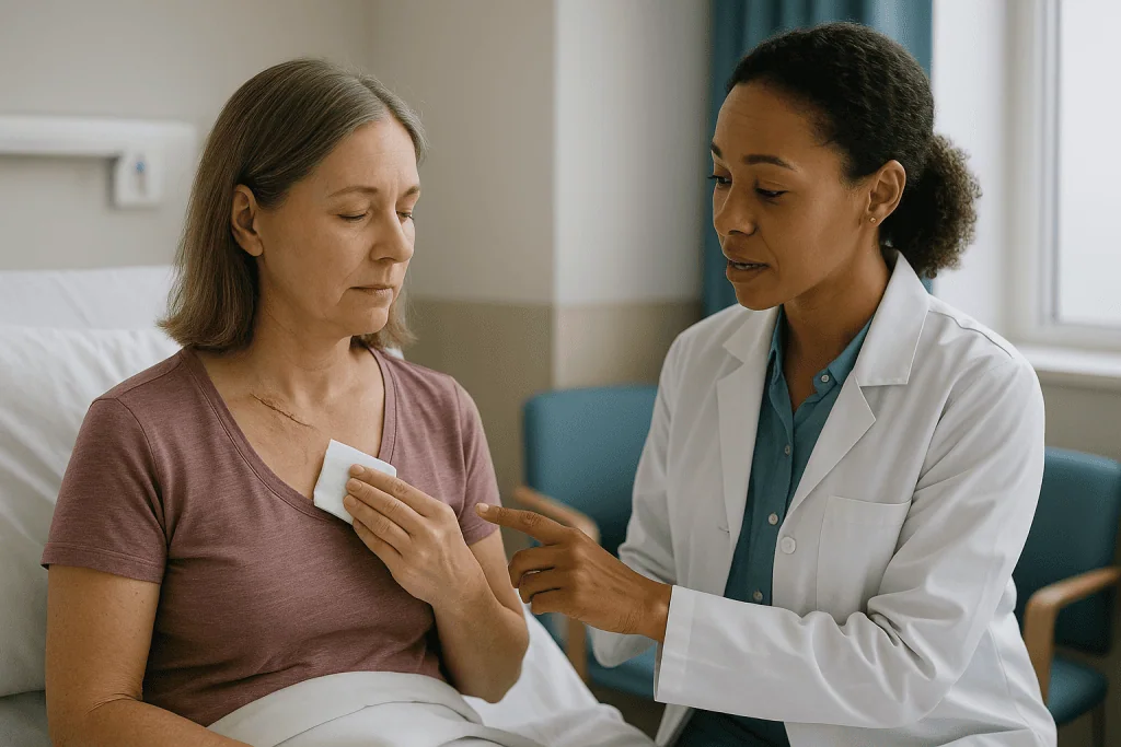 Doctor consulting with patient, holding tissue or gauze: VNS incision healing: caring for the neck and chest wounds