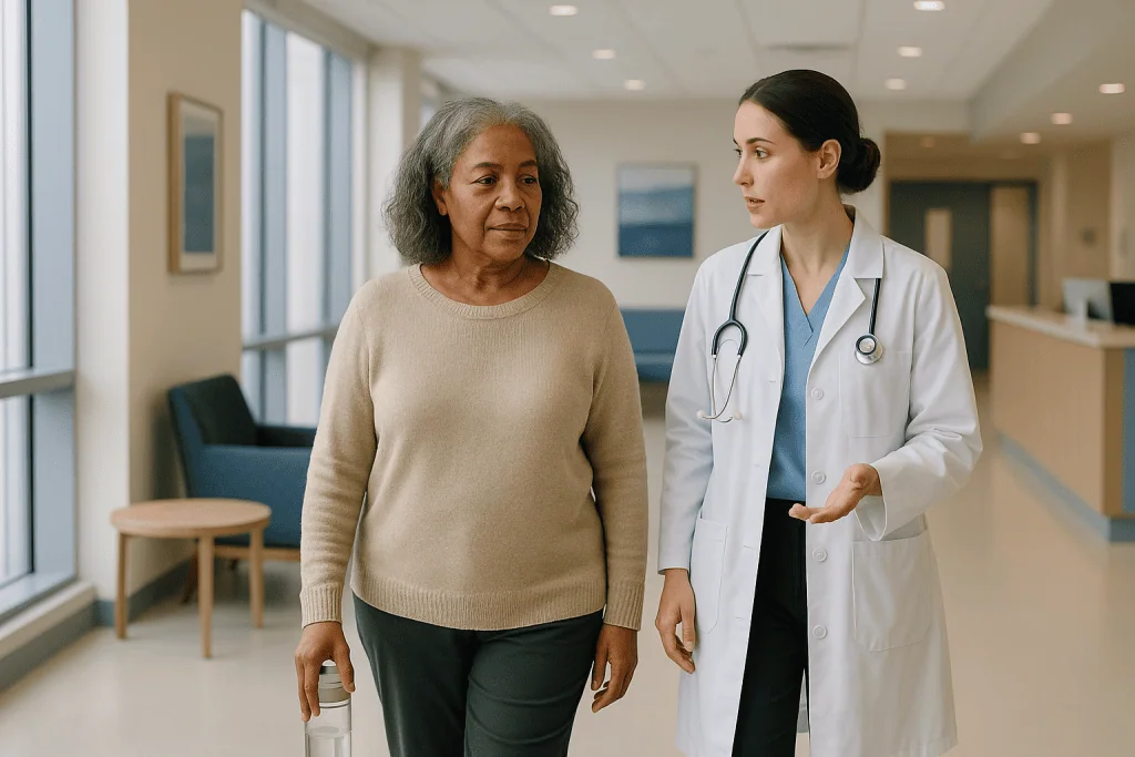 Doctor and patient walking in hospital corridor: VNS recovery time at a glance: a typical timeline