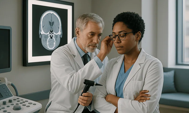 Doctor examines patient with endoscope in a hospital setting.
