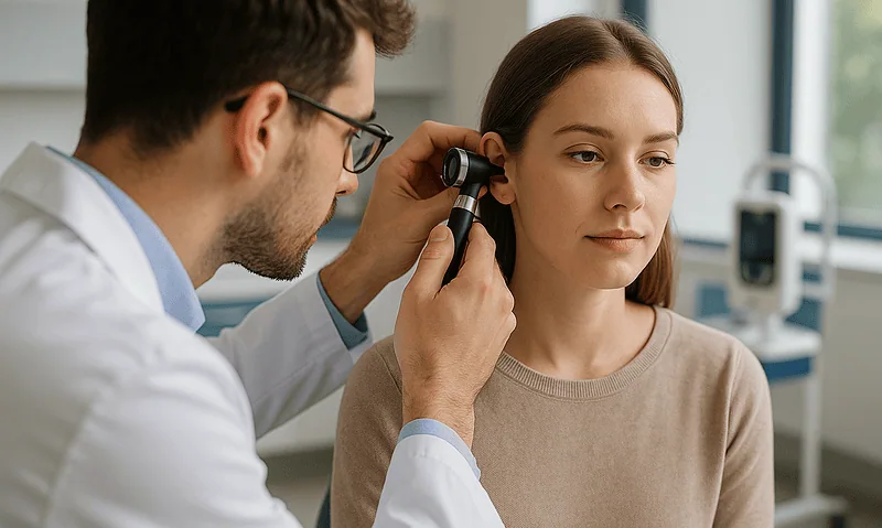 ENT specialist examines patient's ear in a clinical setting.