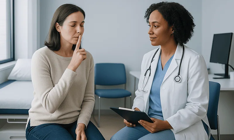 Patient consulting with doctor about voice rest after surgery.