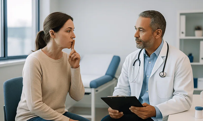 Doctor consulting with a woman about voice rest after vocal cord surgery.