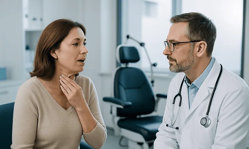 Voice Therapy or Microsurgery for Vocal Cord Polyps and Nodules: How Do ENT Teams Decide? 5 ENT doctor consulting a woman about vocal cord issues in a clinic setting.