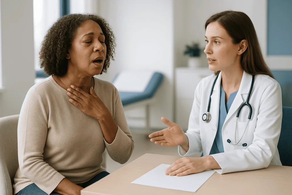 Doctor consulting with adult patient in clinical office: Voice therapy vs surgery for vocal nodules: how ENT teams weigh the