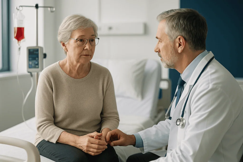 Von Willebrand Disease 1 Doctor consulting with an elderly female patient in hospital room.