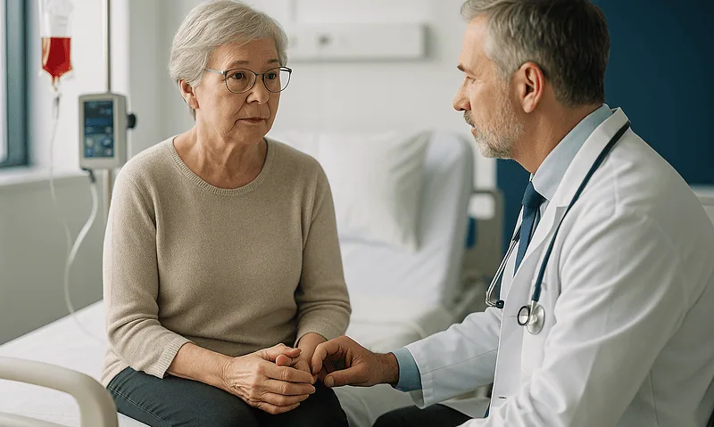 Doctor consulting with an elderly female patient in hospital room.