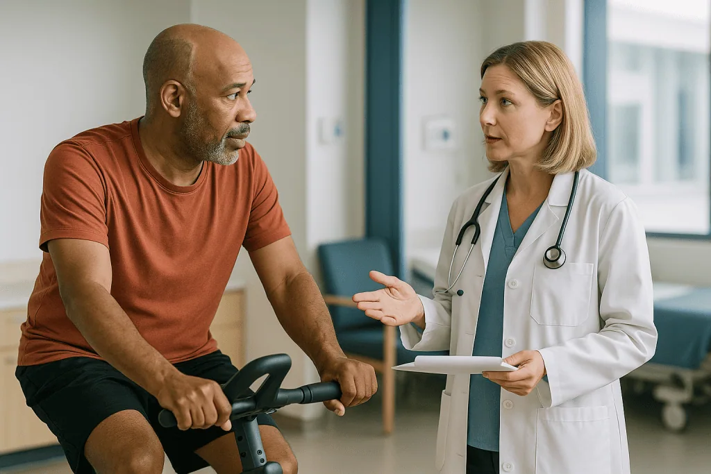 Doctor consulting patient on stationary exercise bike — VP shunt precautions: what living with a VP shunt asks you to avoid, 