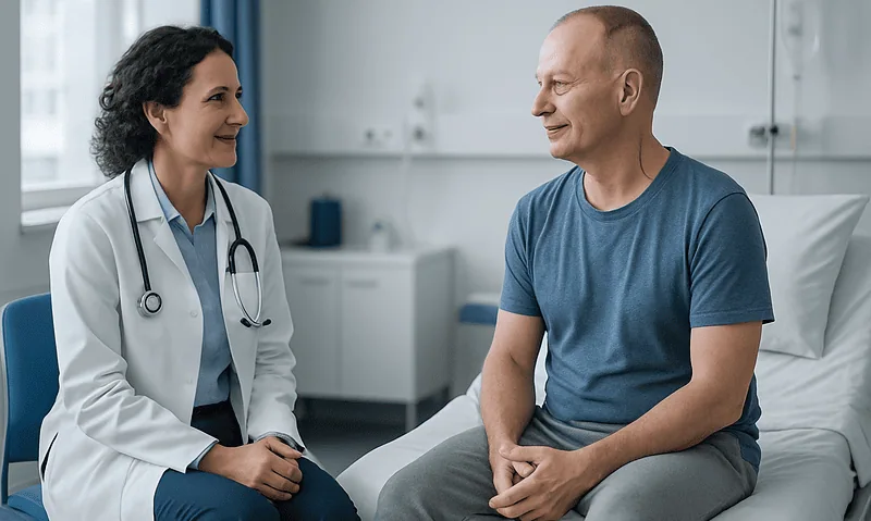 Doctor consulting with patient in hospital room at Acibadem Hospitals Group.