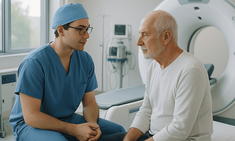 Doctor consulting with elderly patient in medical imaging room at Acibadem Hospital.