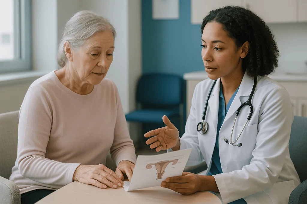 Doctor consulting with senior female patient over medical document: Vulvar cancer stages explained in plain language