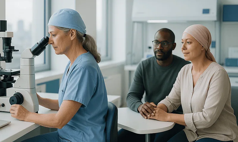 Medical professionals in a consultation room with a microscope and patients.
