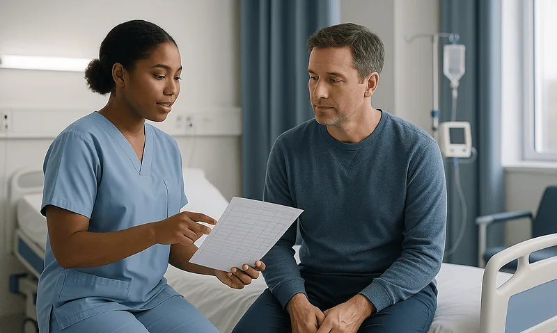 Doctor discussing test results with patient in hospital room.