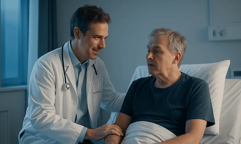 Doctor consulting with an elderly patient in a hospital room.
