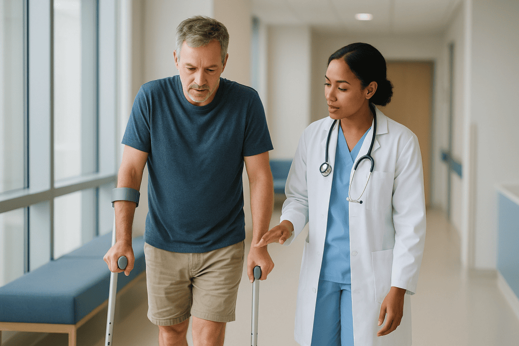 Doctor walking with patient using crutches in hospital corridor: Walking after fibular osteotomy: how long before you can pu