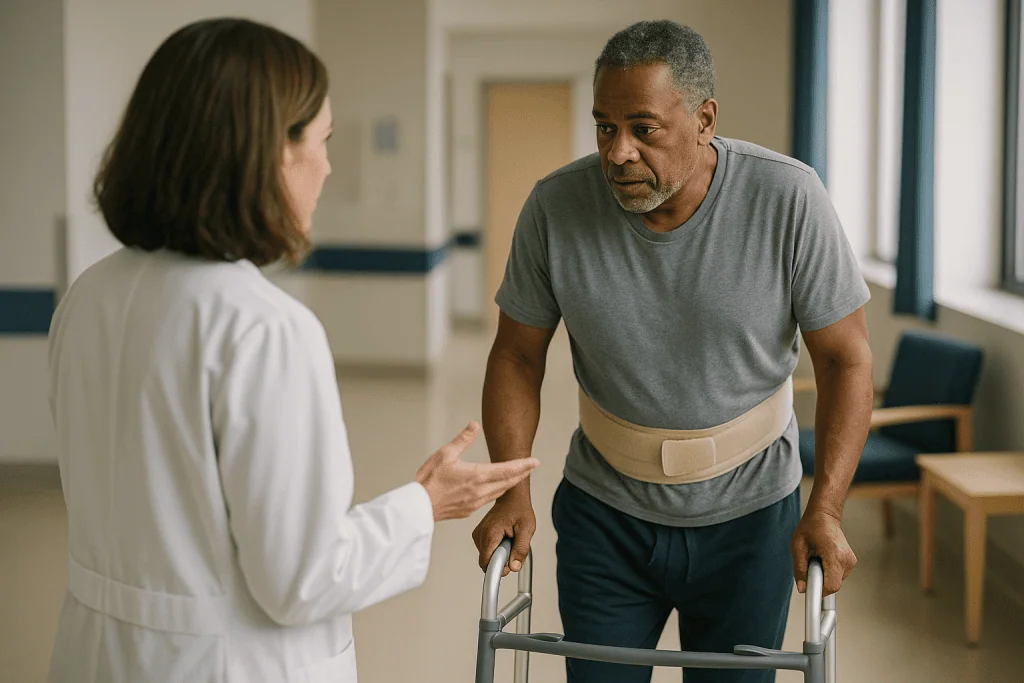 Older man with back brace speaking to female doctor: Walking again: first steps in hospital and the weeks that follow
