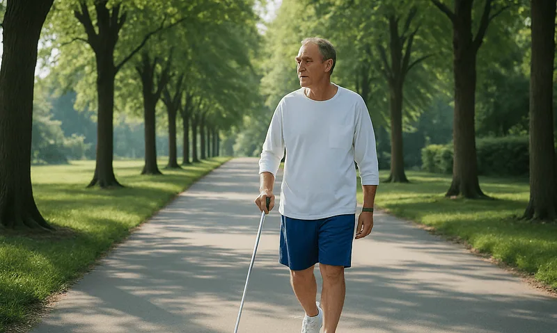 Elderly man walking with cane in park for health and mobility.