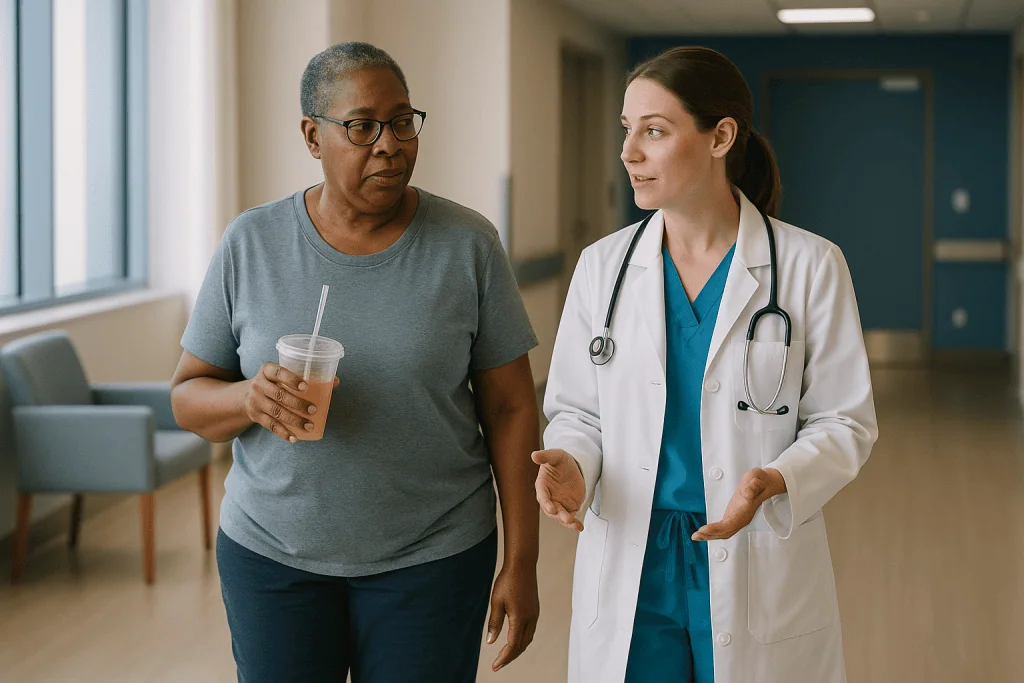 Doctor and patient walking in hospital corridor: Walking from day one: why your team gets you up so early