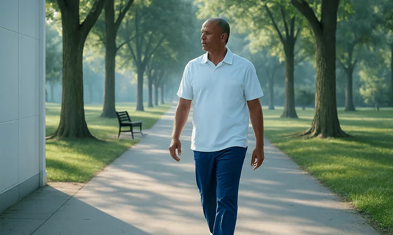 Man walking in a park with green trees and sunlight.