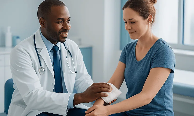 Doctor examining patient's hand in a medical consultation room.