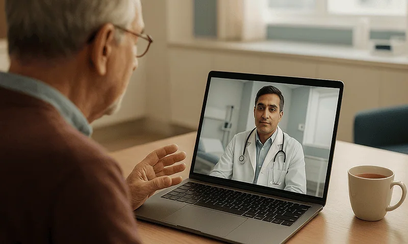 Senior man consulting with a doctor via video call on laptop.