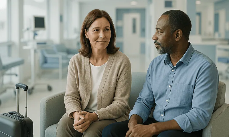 Patient and doctor having a consultation in a hospital waiting area.