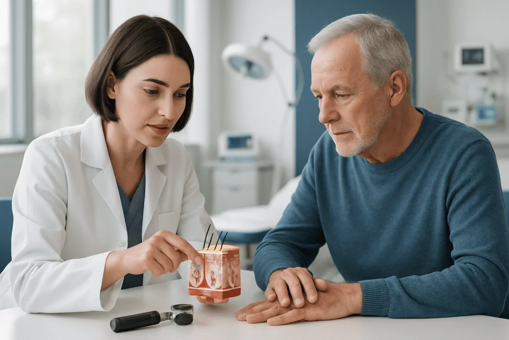 Warts 1 Doctor explaining skin condition to an elderly patient in a medical office.