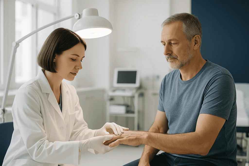Warts 1 Doctor examining a patient's hand in a medical clinic setting.