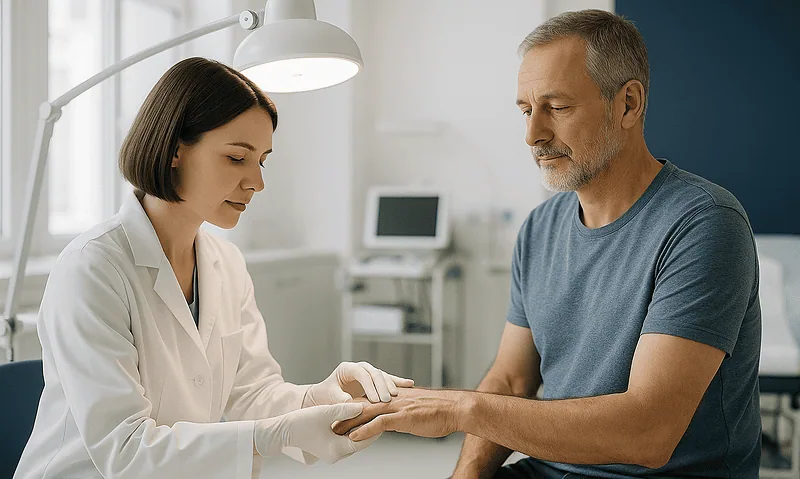 Doctor examining a patient's hand in a medical clinic setting.