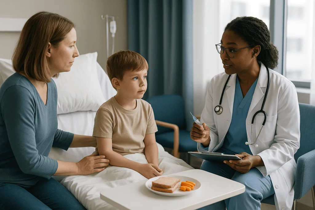 Doctor consulting with mother and child in hospital bed: Watchful waiting, injection, or reimplantation: a side-by-side view
