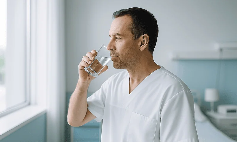 Man drinking water in a medical setting for ear health.