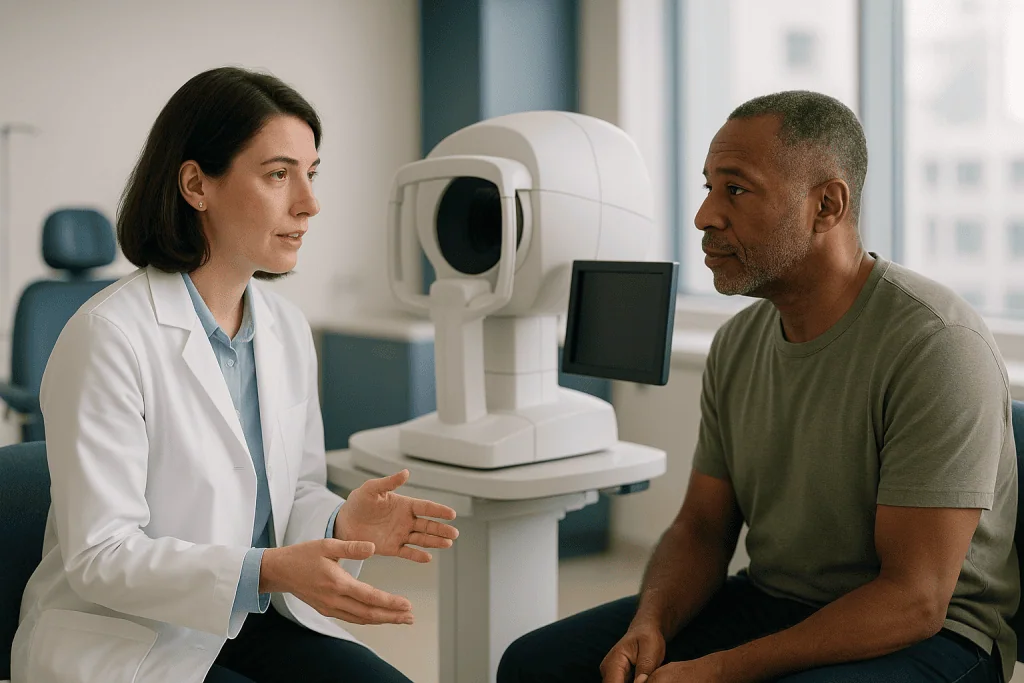 Eye doctor consulting patient in modern clinic with equipment: Wavefront-guided LASIK: the second half of the package