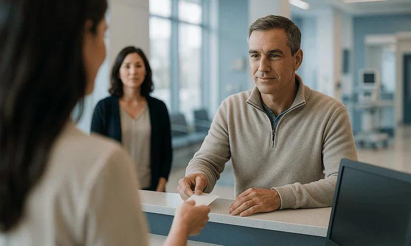 Patient consulting with hospital staff at Acibadem Hospital reception desk.