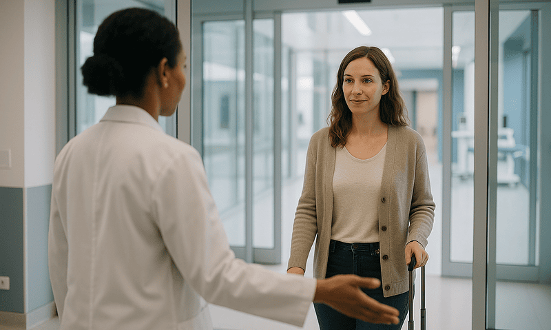 Female patient talking to a doctor at a hospital entrance.