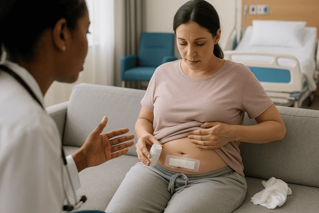 Doctor consulting pregnant woman about abdominal medication: Week 1 at home: the incision, the bleeding and the pain plan