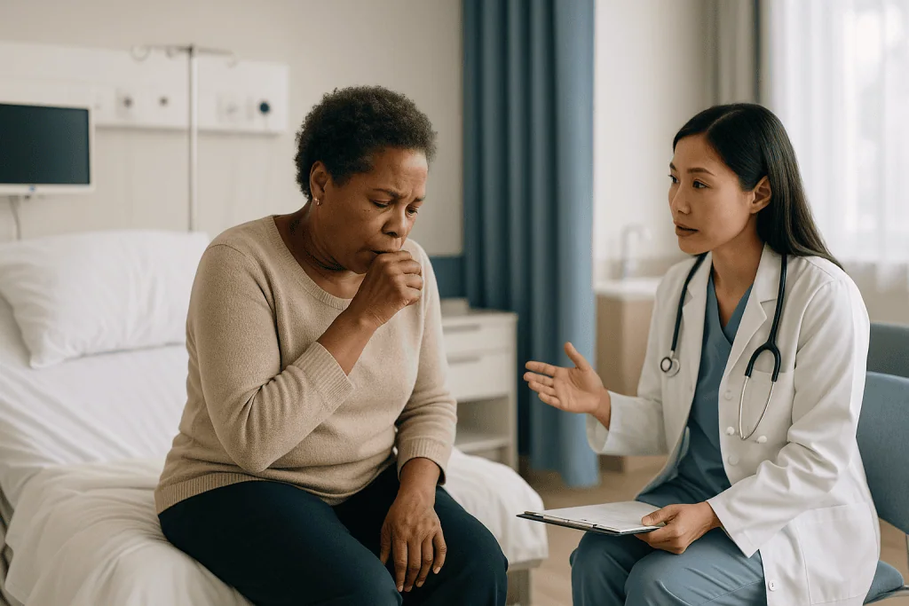 Doctor consulting patient in hospital room: Week by week: what whooping cough recovery usually looks like