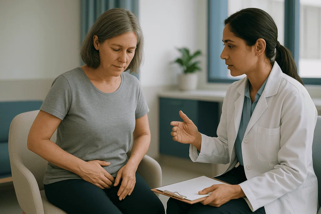 Female doctor consulting patient about abdominal/pelvic symptoms: Week one: the assessment and finding the right muscles