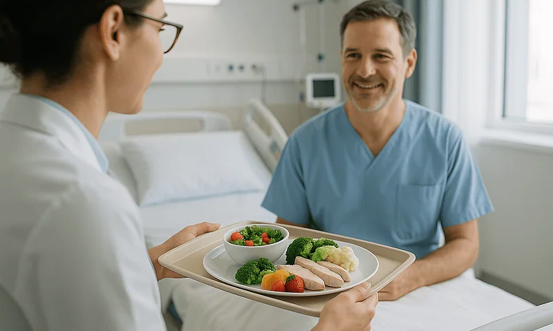 Hospital staff serving healthy meal to patient in a hospital room.