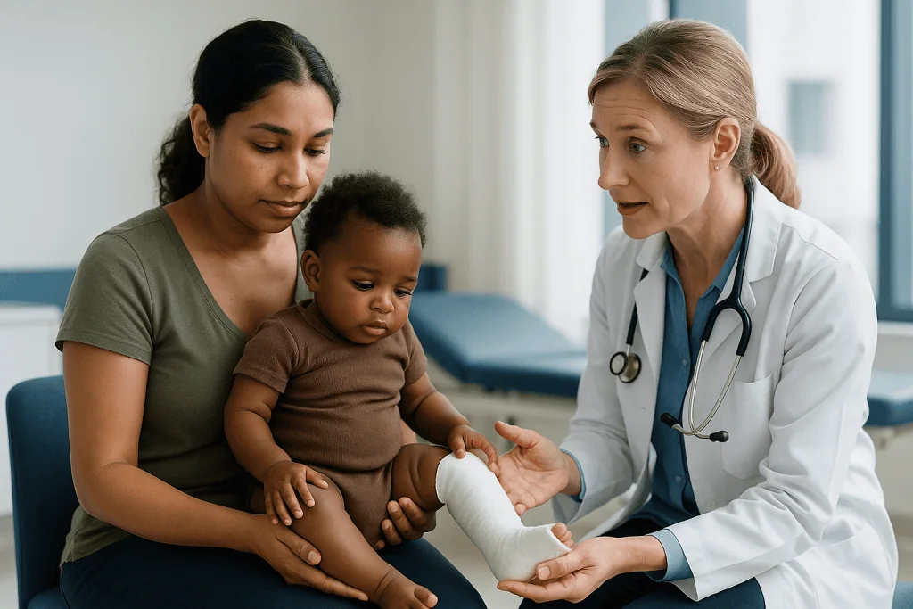 Doctor examining infant's leg cast during clinical consultation: Weeks one to six: what changes with each weekly cast