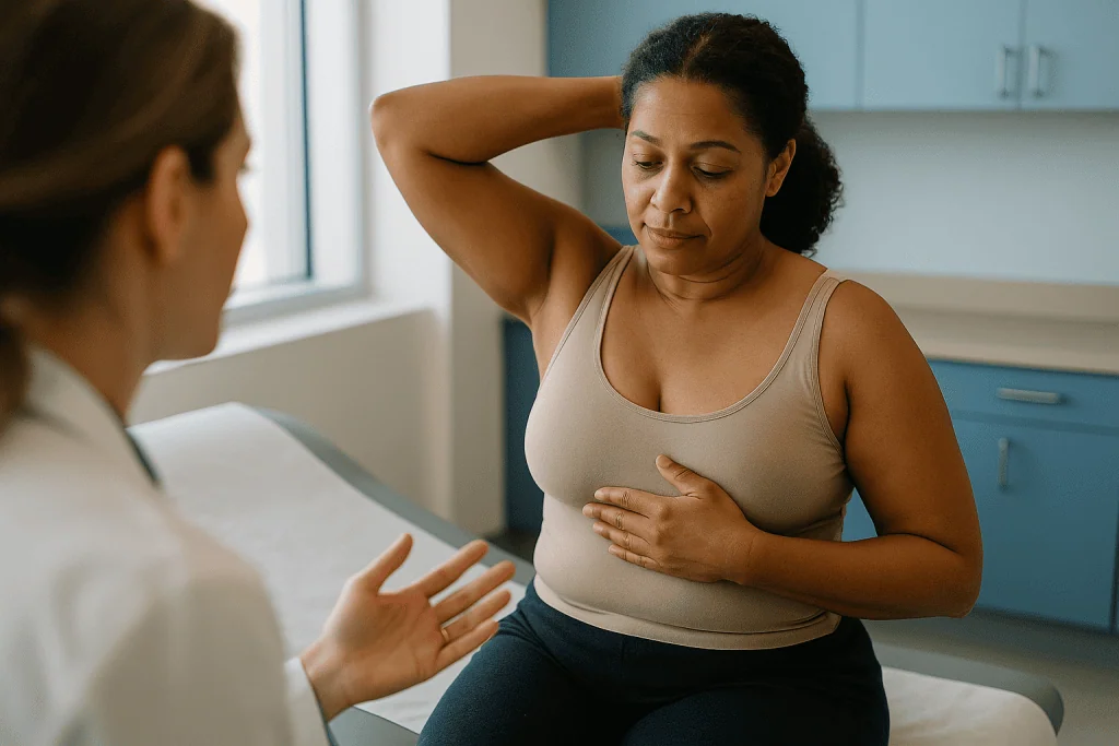 Female patient consulting with healthcare provider about breast concerns — Weeks three to twelve: how long after breast reduc