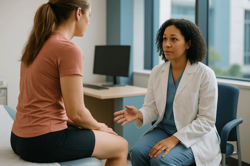 Doctor having consultation with female patient in clinic: Weeks two to six: the stretch where patience is tested