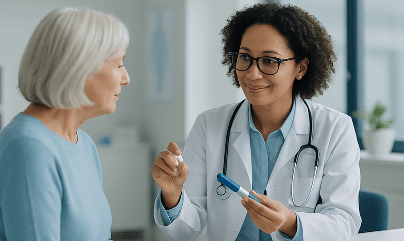 Doctor consulting with elderly woman in a medical office.