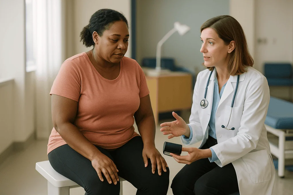 Doctor consulting with adult patient in clinical setting — Weight and blood pressure: what each kilogram is worth