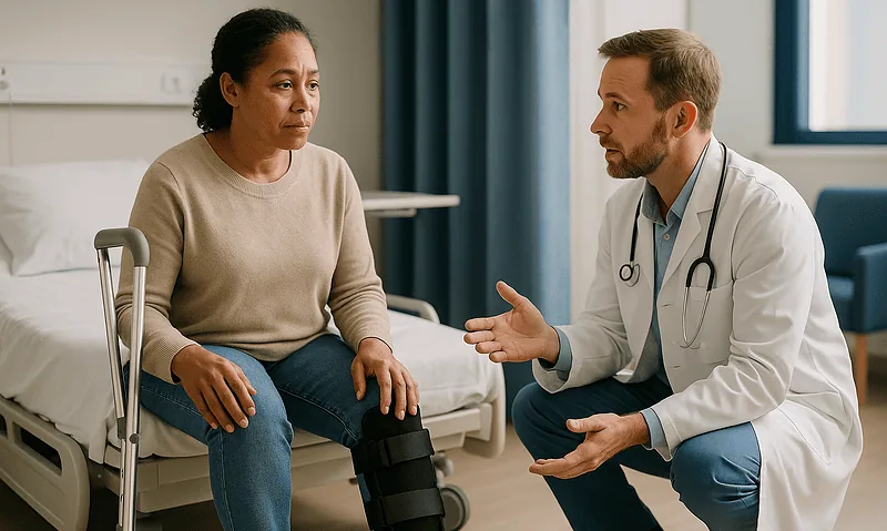 How Long Does Foot Surgery Recovery Take? Boots, Weight-Bearing Stages and First Steps 2 Doctor consulting with a patient with a leg injury in hospital room.