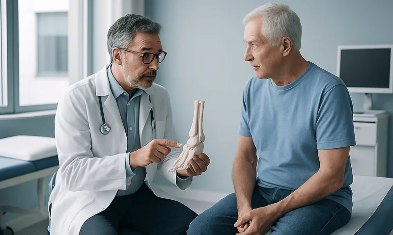 Doctor explaining ankle anatomy to an elderly patient in a medical consultation.