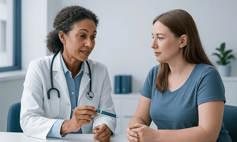 Doctor explaining weight loss injections to a patient in a clinic setting.