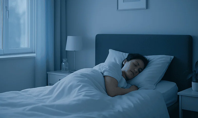 Woman sleeping peacefully in a cozy bedroom with blue tones.