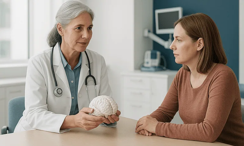 Doctor explaining brain health to a patient in a medical consultation.